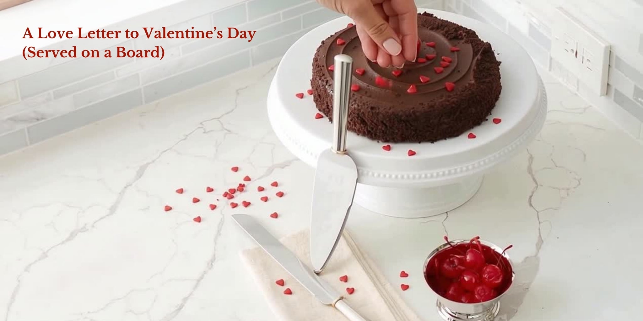Chocolate Cake served with heart sprinkles and cherries