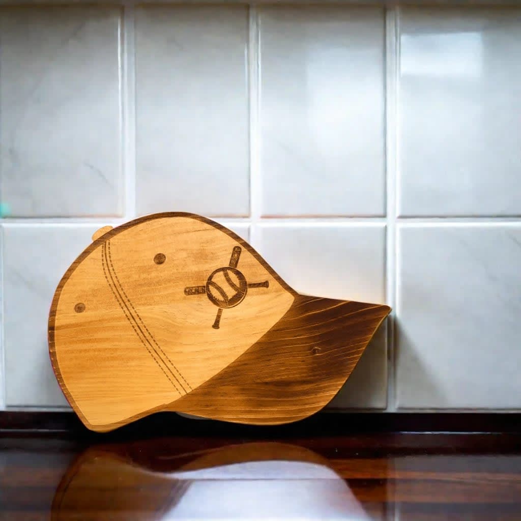 Baseball Cap Wood Board - 16" x 10.5" sitting on kitchen counter