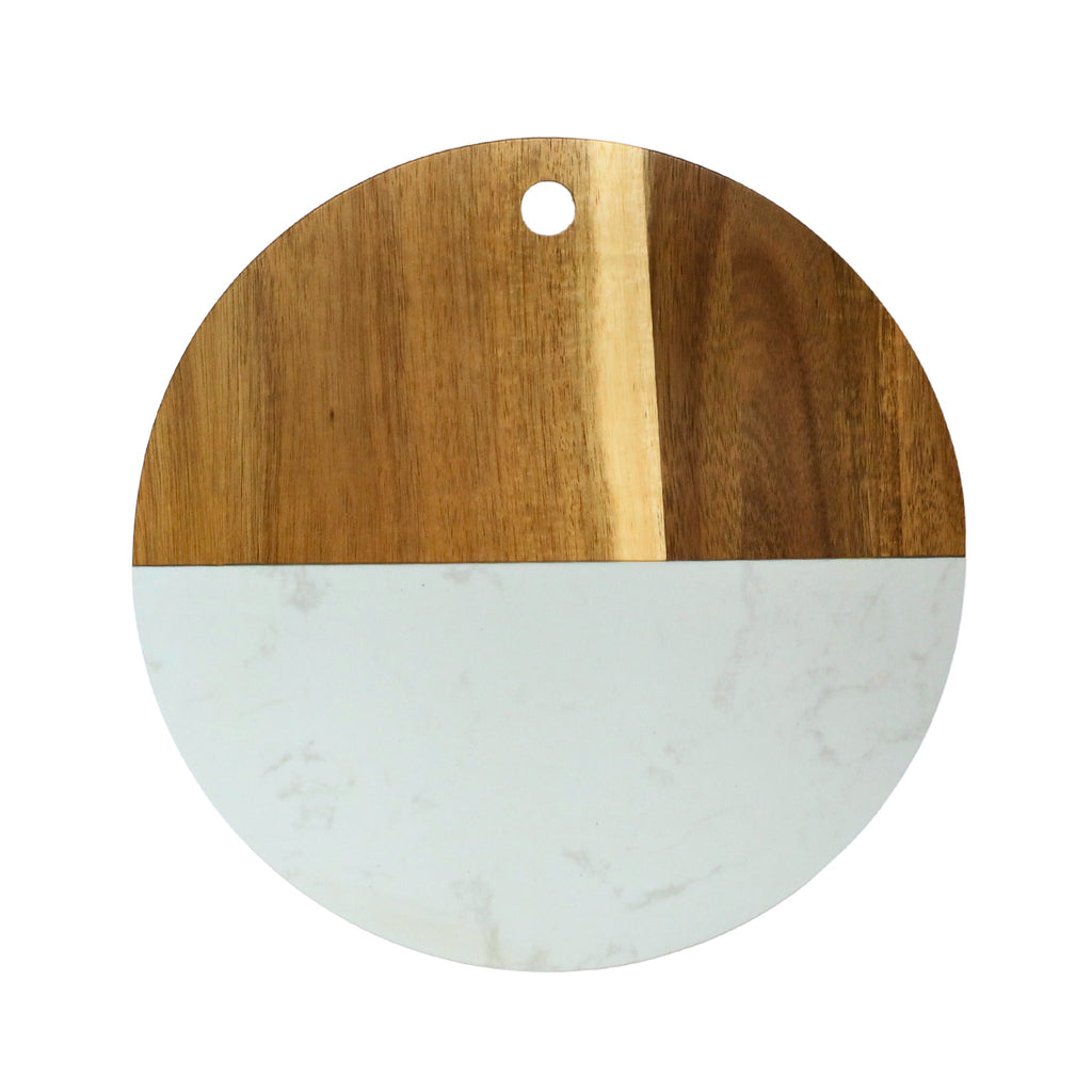 White Marble and Acacia Wood Round Board - 12"_1
