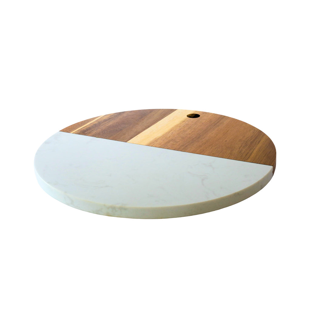White Marble and Acacia Wood Round Board - 12"_2