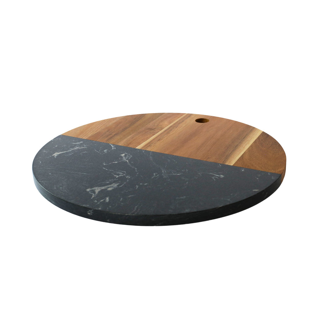 Black Marble and Acacia Wood Round Board - 12"_2