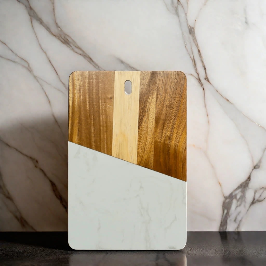 White Marble and Acacia Wood Rectangular Diagonal Board_lifestyle