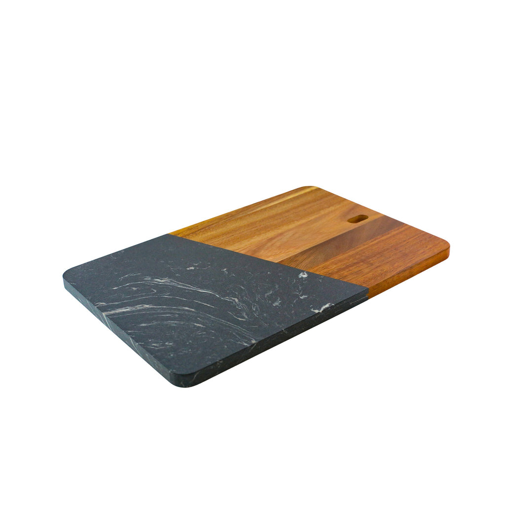 Black Marble and Acacia Wood Rectangular Diagonal Board_2