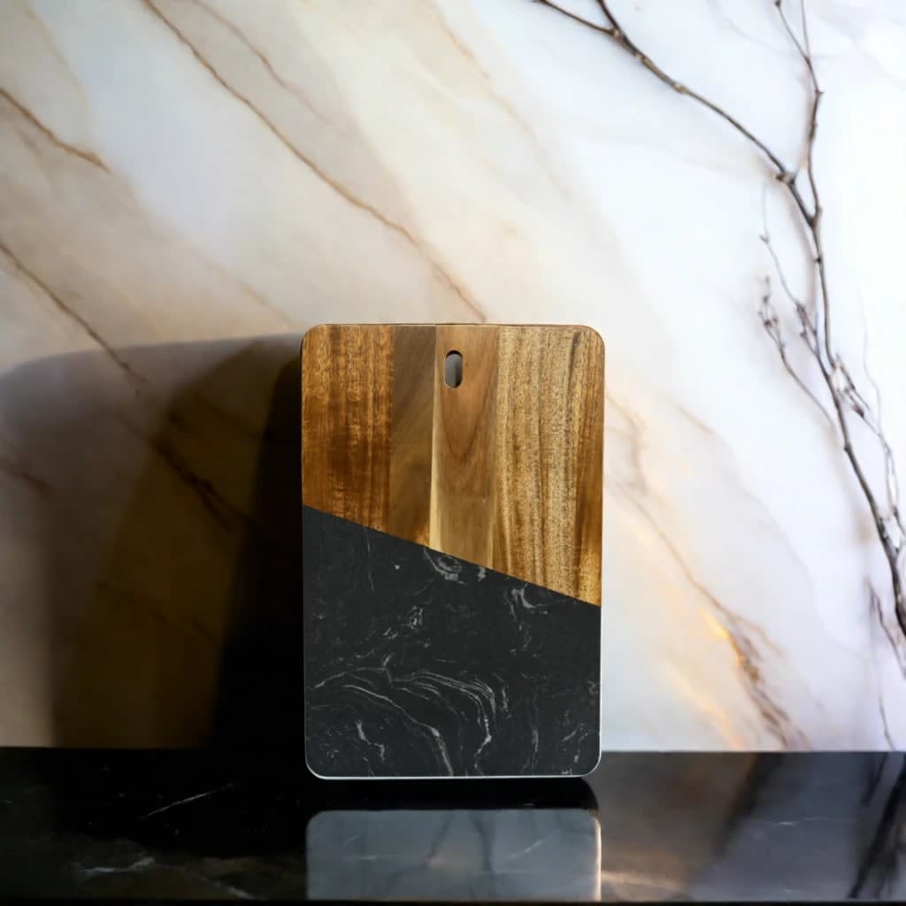 Black Marble and Acacia Wood Rectangular Diagonal Board_lifestyle