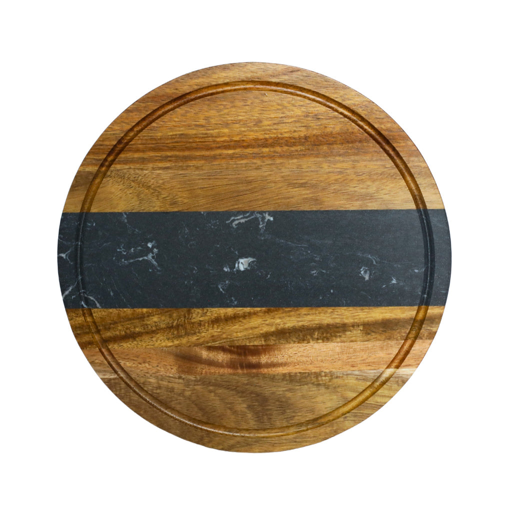 Black Marble Stripe and Acacia Wood Round Board - 11"_1