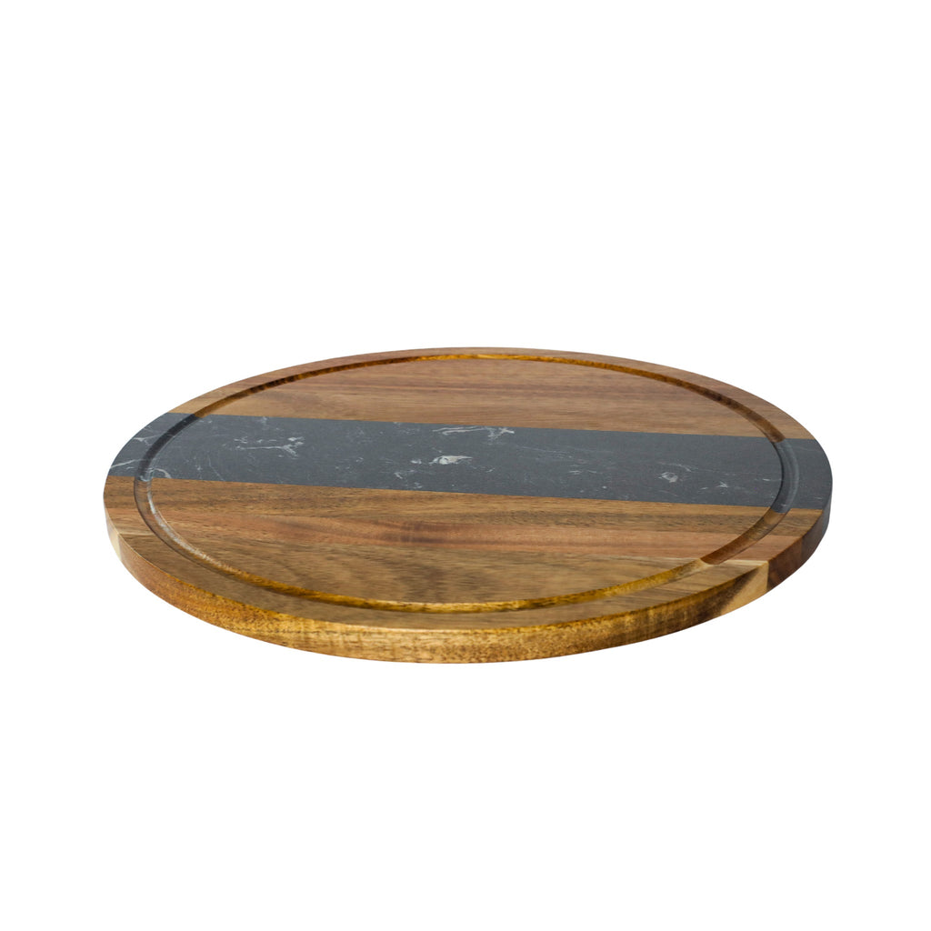Black Marble Stripe and Acacia Wood Round Board - 11"_2