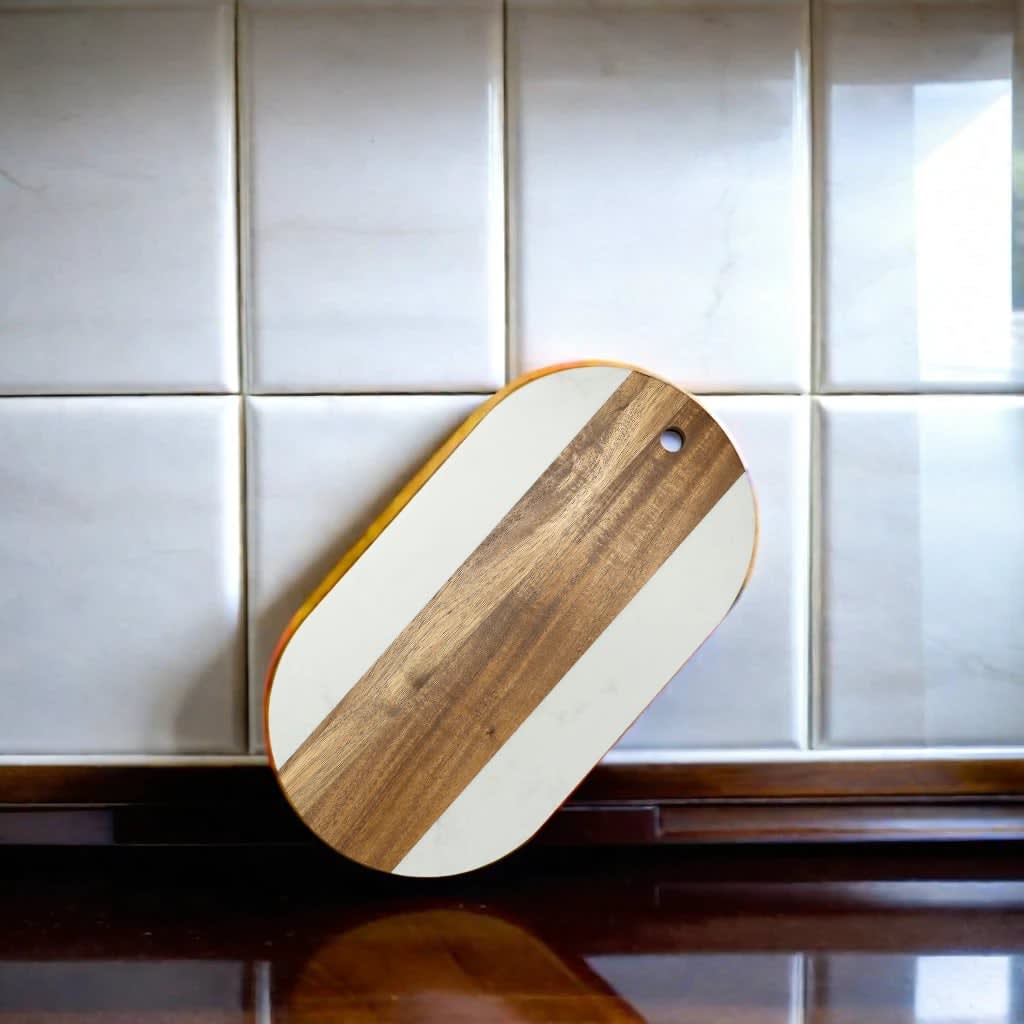 White Marble and Acacia Wood Oval Board_lifestyle