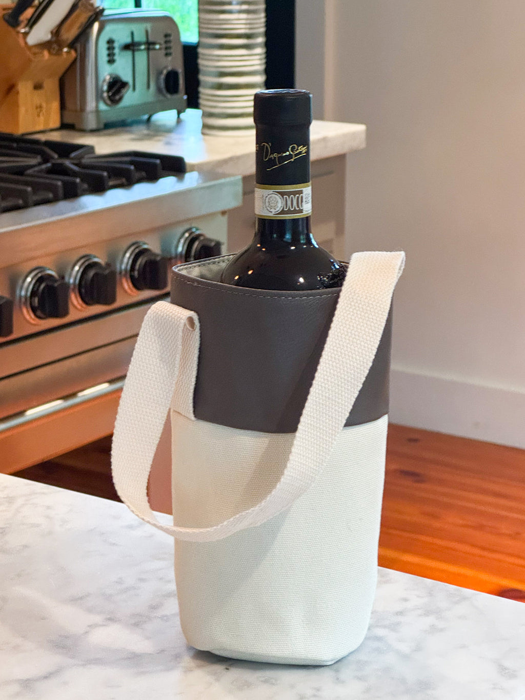 Leatherette & Canvas Grey Wine Tote
