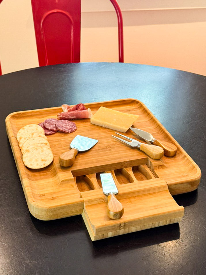 Bamboo 13'' Square Cheese Board with 4 Tools