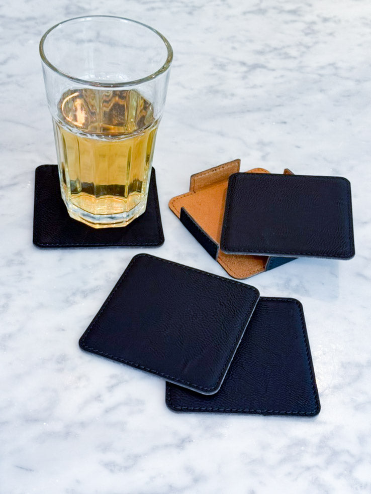 Set Of 4 Leatherette Coasters - Black