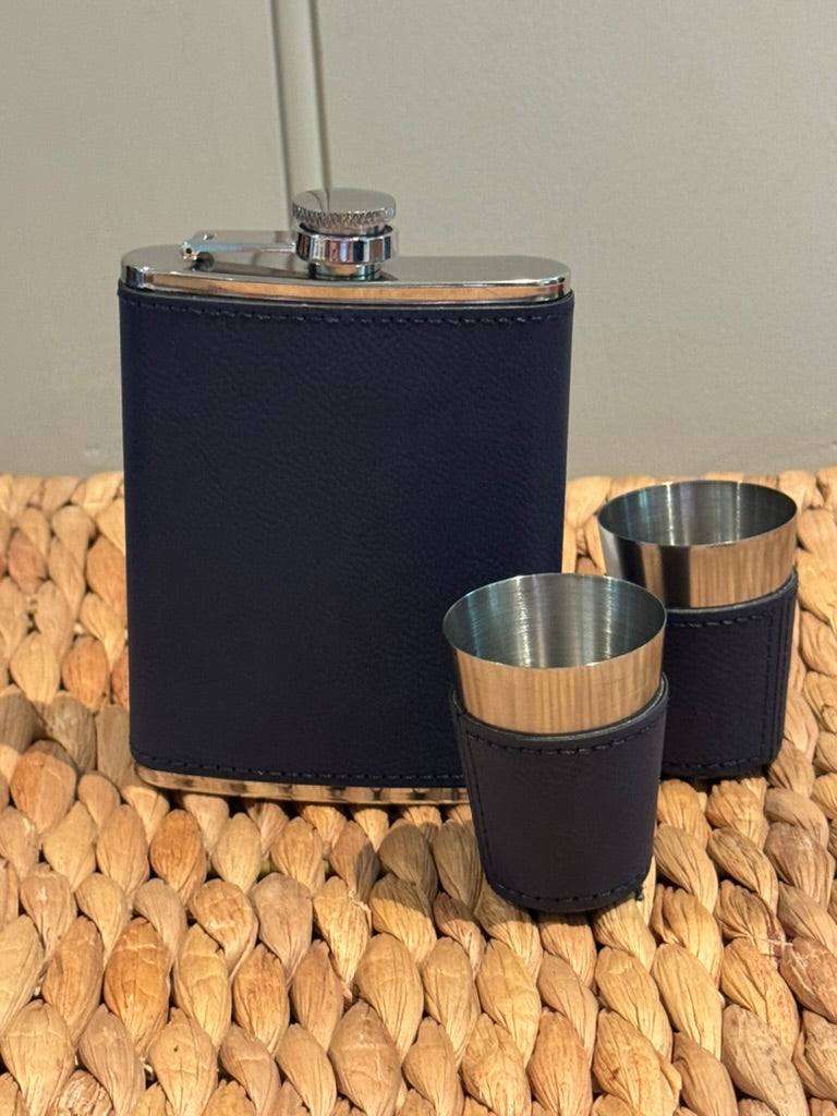 Navy Leatherette Flask & Stainless Steel Shot Glass Set