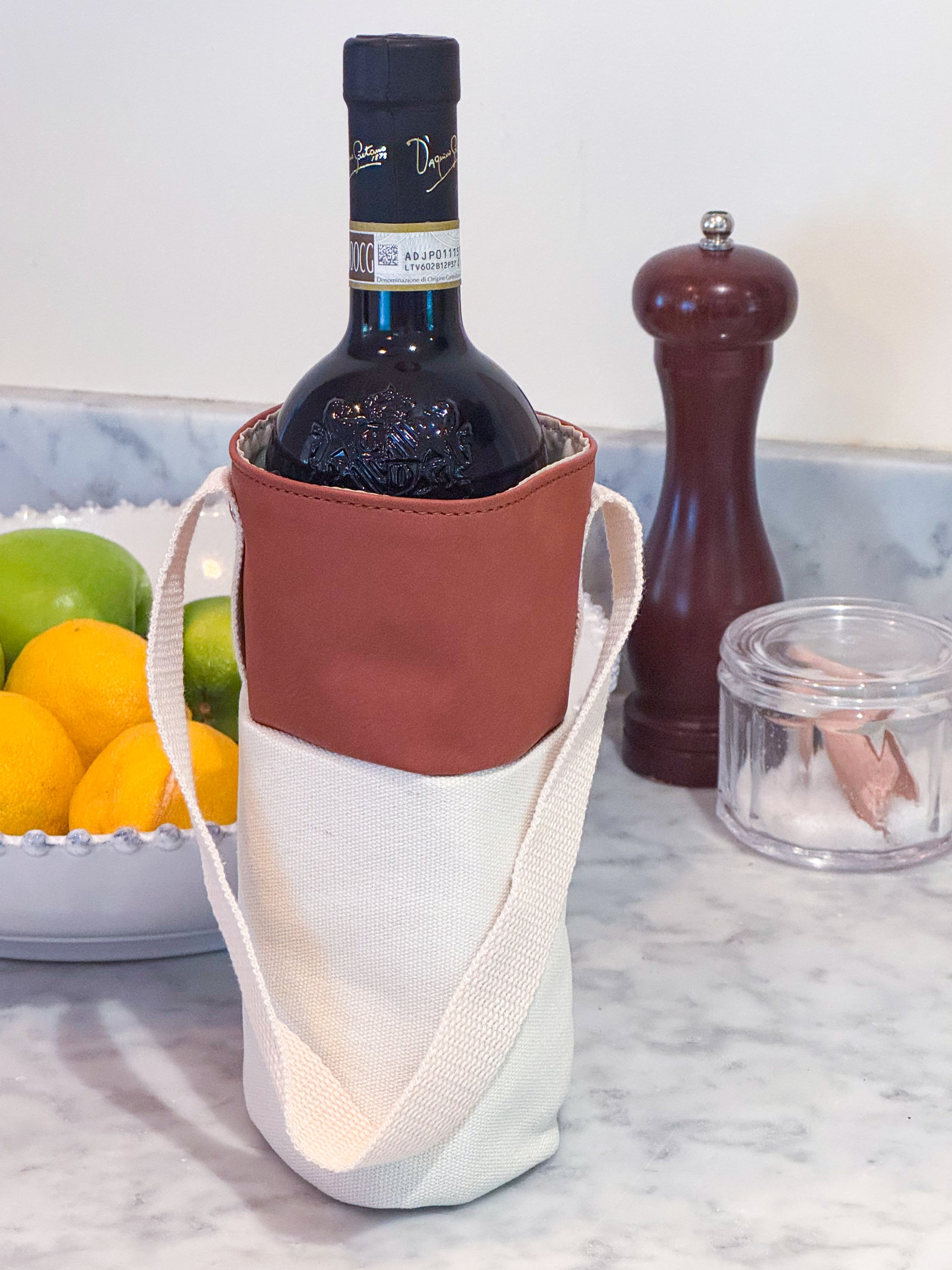Leatherette & Canvas Caramel Wine Tote