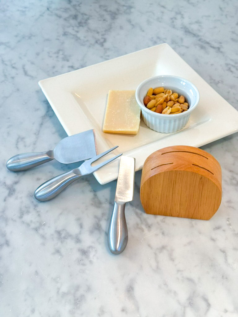 Wood Block with 3 Stainless Steel Cheese Utensils