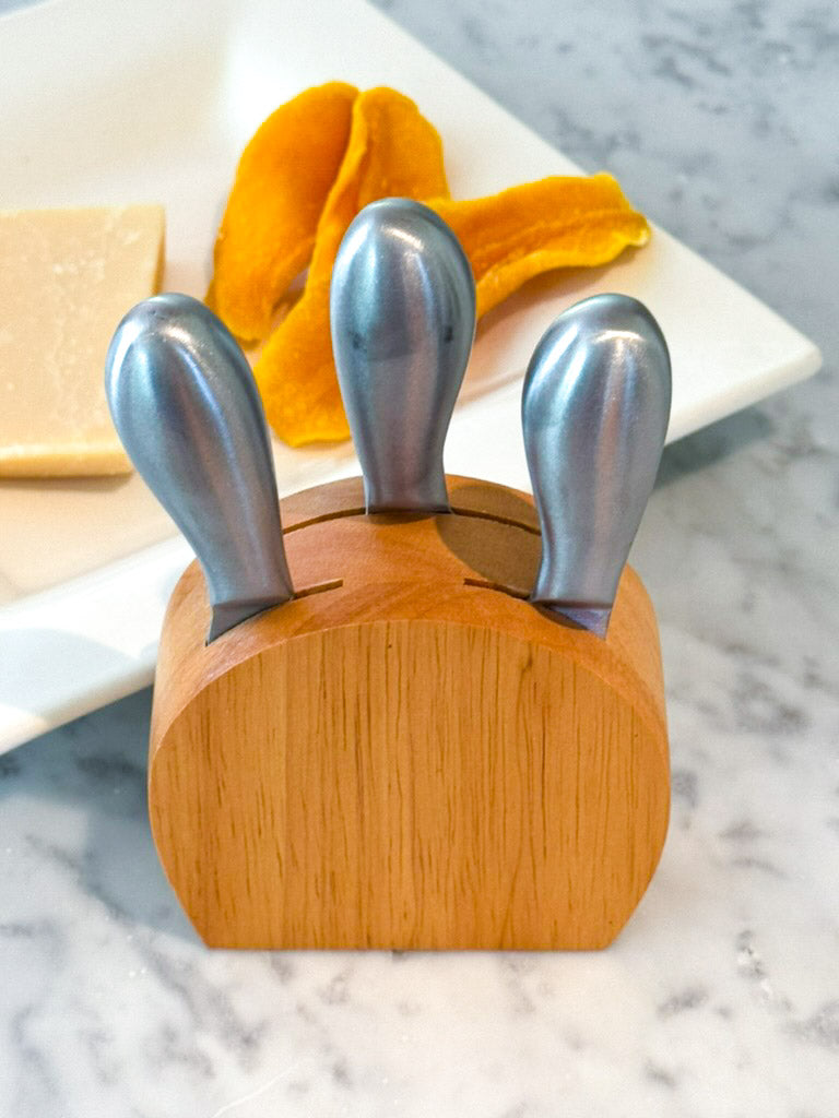 Wood Block with 3 Stainless Steel Cheese Utensils