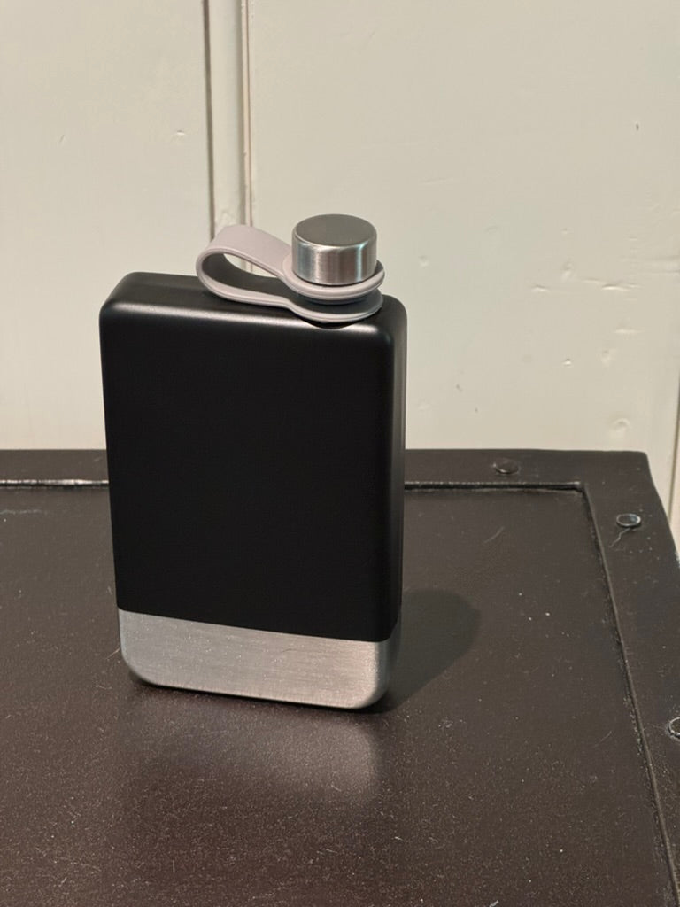 8 oz Black Stainless Steel Flask with Silver Bottom