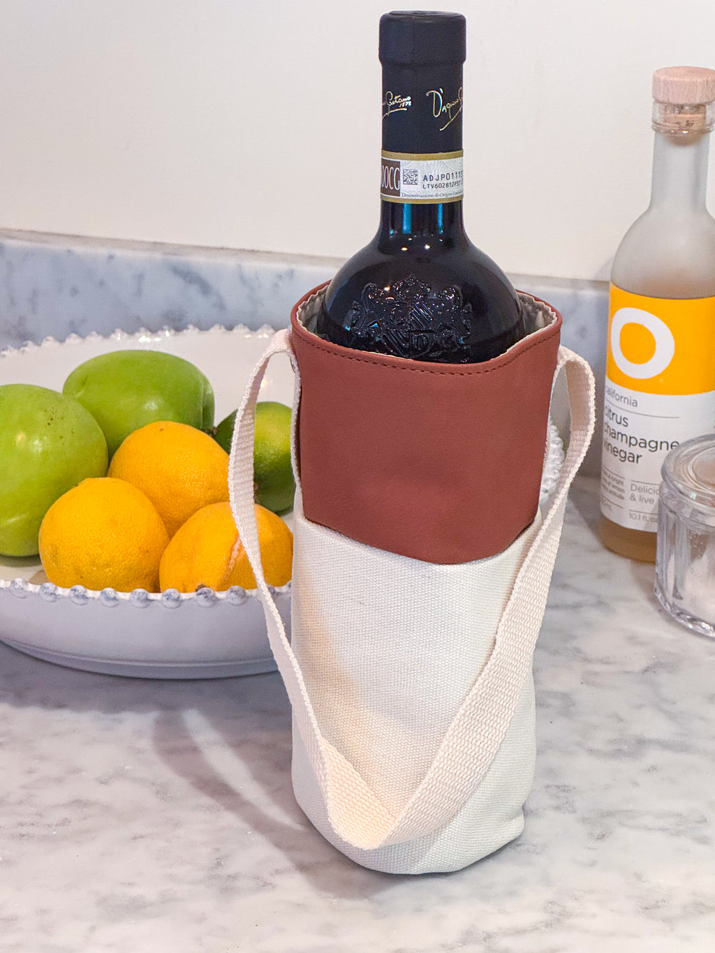 Leatherette & Canvas Caramel Wine Tote