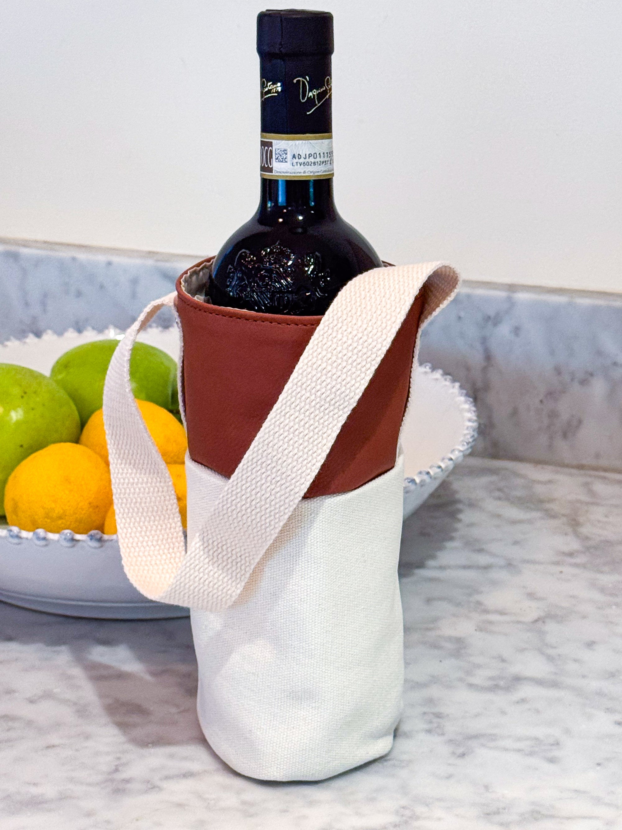 Leatherette & Canvas Caramel Wine Tote