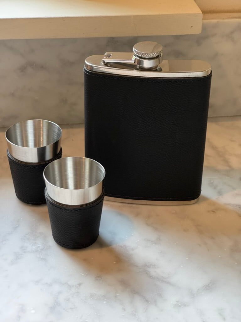 Black Leatherette Flask & Stainless Steel Shot Glass Set