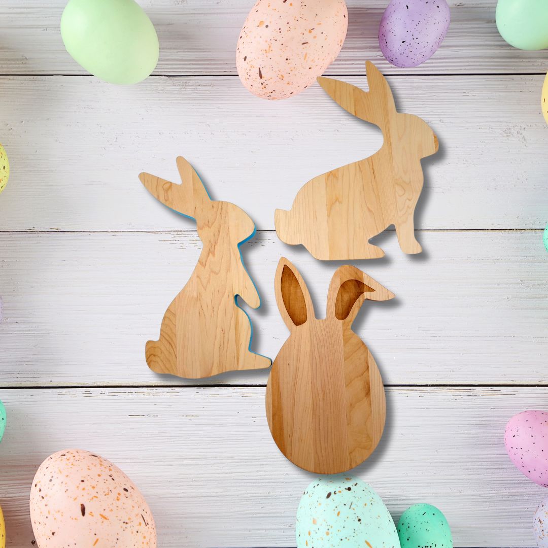 Standing Wood Bunny Board with Blue Milk Paint Outline