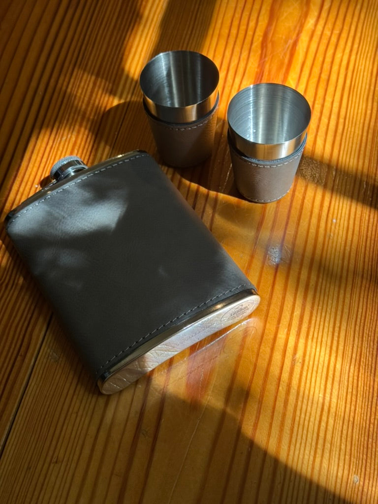 Grey Leatherette Flask & Stainless Steel Shot Glass Set