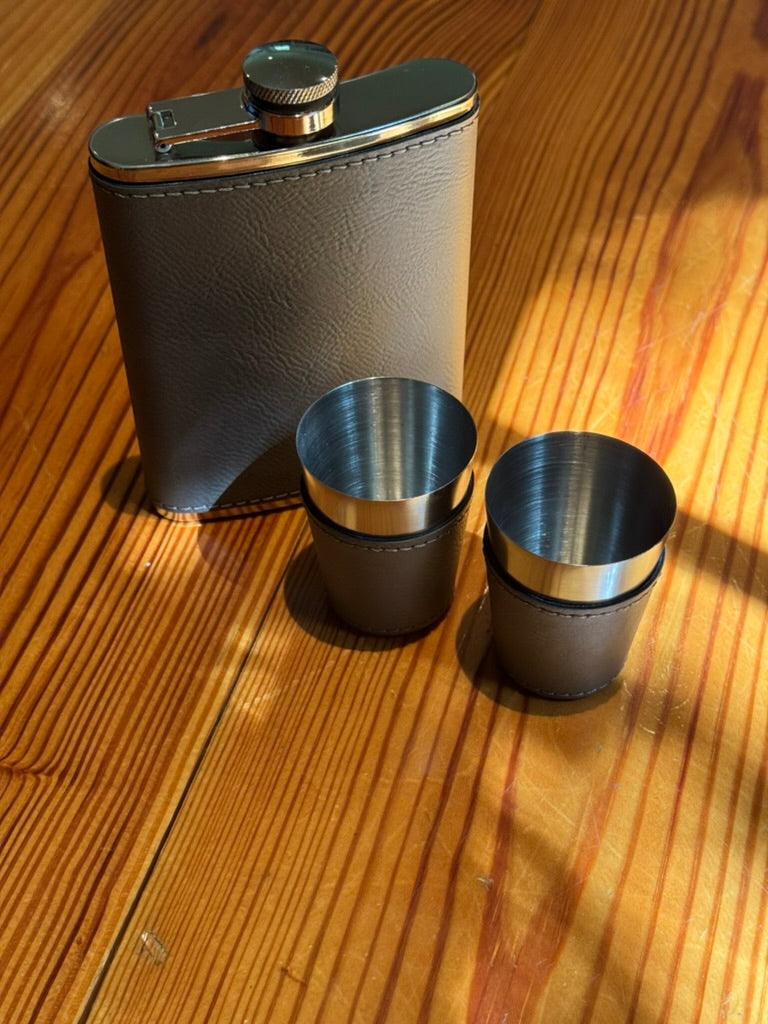 Grey Leatherette Flask & Stainless Steel Shot Glass Set